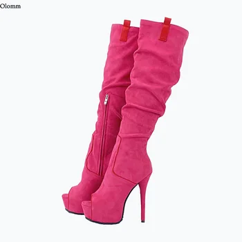 Olomm/ново записване, дамски пролетни ботуши до коляното с страничния цип на висок ток с отворени пръсти, 8 цвята, дамски обувки за партита, големи размери САЩ 5-20