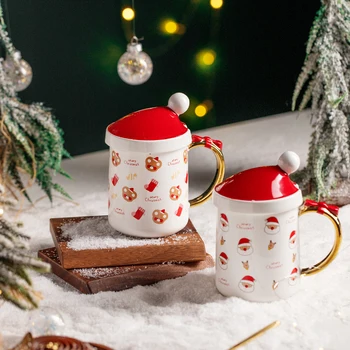 ASLESY Коледна Керамична Чаша с Капак, Лъжица, Домашна Чаша За Мляко за Закуска, Чаша За Вода, Голям Капацитет, Креативен Коледен Подарък
