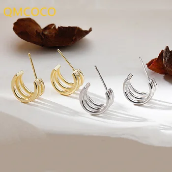 QMCOCO Сребрист Цвят, Корейски Многослойни Линейни Обеци-карамфил, Дамски Модни Прости Изискани Бижута, Модни Аксесоари За Уши