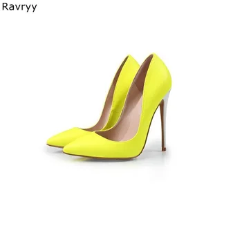 Дамски жълти Пикантни обувки-лодка на висок ток с остър пръсти, бели дамски модел обувки на тънък ток 12 см, обувки на висок ток, OL out, вечерни обувки
