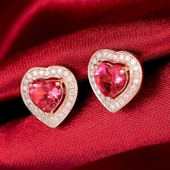 Розовото злато на тон на сърцето червен кристал рубин скъпоценни камъни диаманти обици розово за жени класически бижута бижутерия сладки аксесоари подаръци