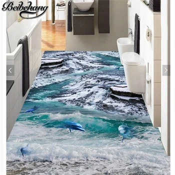 beibehang Изработени по поръчка водоустойчив самозалепващи картина на заснежени планини приморски плаж мивка делфин 3D стерео подова боя