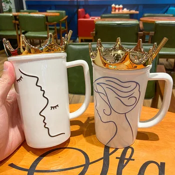 Керамична Чаша във формата на Корона с капак за Офис за Момичета, Слама Чаша с Голям Капацитет за Студенти и двойки, Подаръчен Комплект Чаши Кафе