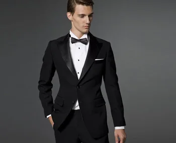 Направен по поръчка на Мъжки Костюми на Младоженеца, Смокинги Младоженеца с Ревера, Черния Сватбен Костюм Кума (Яке + панталон + вратовръзка + Носна кърпа) A2