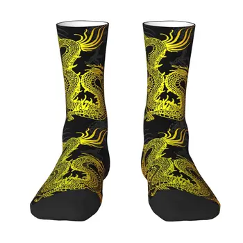 Новост, Мъжки Чорапи Със Златен Китайски Модел Дракон, Унисекс, Топли и Удобни Чорапи С 3D Принтом, Японски Ориенталски Митични Чорапи За Екипажа