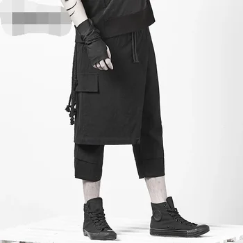 Мъжки Персонални Къса Асиметрична Пола Тъмно-Черна Японската Дизайнерски Дрехи, Модни Фалшиви Два Ежедневни Панталони