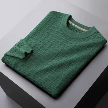 висококачествен и модерен луксозен жаккардовый пуловер с кръгло деколте и вафли за мъже, есен-зима 2023, дебел топъл случайни пуловер за мъже