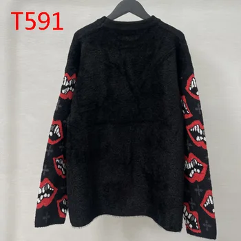 T591 Случайни вълнен пуловер в тъмно зърнеста жаккардовый пуловер с червени устни, пуловер, яке, просто стил в стил пънк