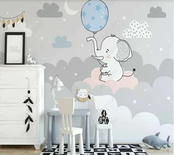 Papel de parede карикатура балон един слон теле звездното небе облак прекрасната детска стая, 3D тапети на стенописите, хол начало декор