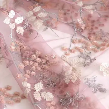 Розово лилаво пайети 3D бродерия цветя окото лейси плат направи си сам сватбена рокля на дизайнер, ръчно изработени сам кърпа 1 двор/лот 130 см