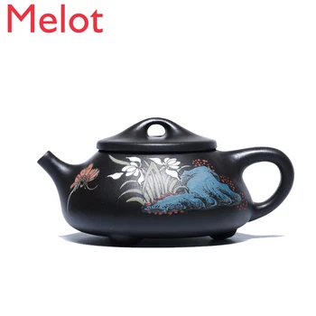 Yixing лилаво глинен чайник, известният чист чайник, ръчна изработка, Домакински Чай, Необработанная Руда, Черно и алено, Пясък, Шипяо, Рисувана чайник