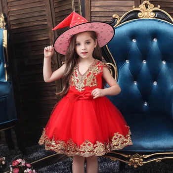 Сватбена рокля на принцеса за момичета, детски костюм за Хелоуин, червено сетчатое без ръкави рокля за абитуриентски, детски дрехи 1-2-3-6-8-10-11