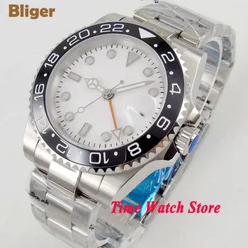 Bliger 40 мм GMT Автоматично ръчни часовници за мъже Сапфирен кристал водоустойчивост пилотните потапяне бял циферблат черен нежна гривна SS 140