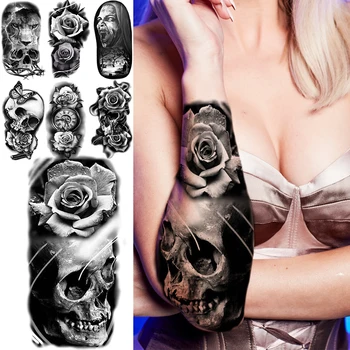 3D Черен Череп на Скелет Ръка Главата на Рози Цвете Временни Татуировки За Жени Момиче Лъв Хелоуин Компас Фалшива Татуировка на Пънк Готина Татуировка